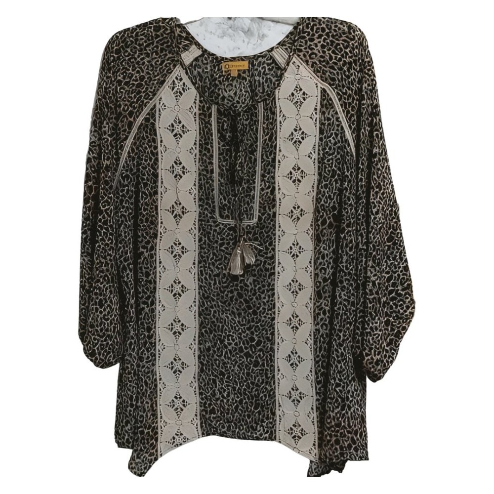 Democracy Leopard Print Lace Pullover Long Sleeve Boho Top 2X